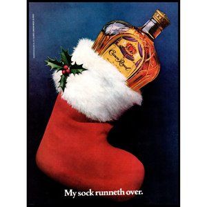 1982 Crown Royal Canadian Whiskey Christmas Stocking Vintage Print Ad Wall Art